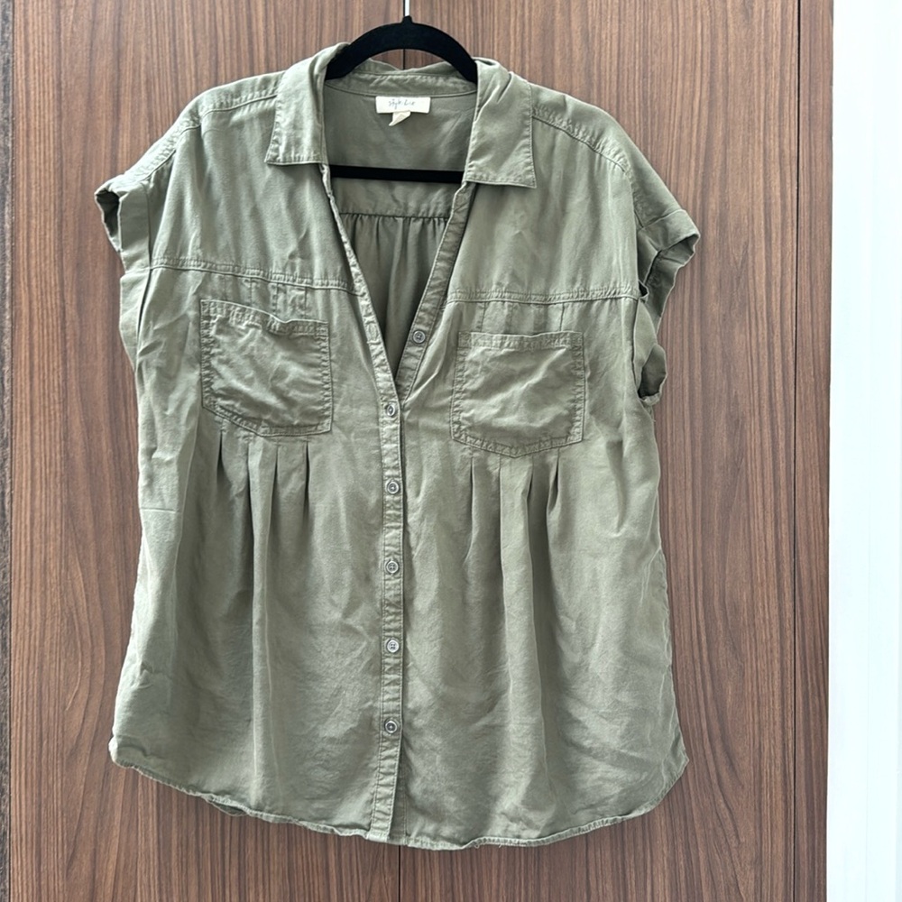 Army green cap sleeved blouse, L